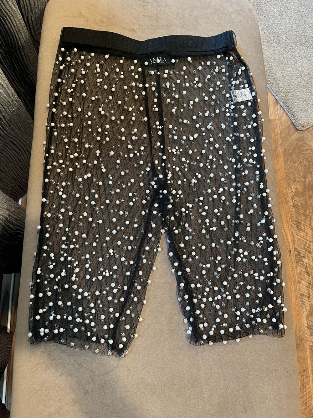 AKIRA Black Sheer Mesh Biker Shorts Overlayed with White FauxPearl Embellishment